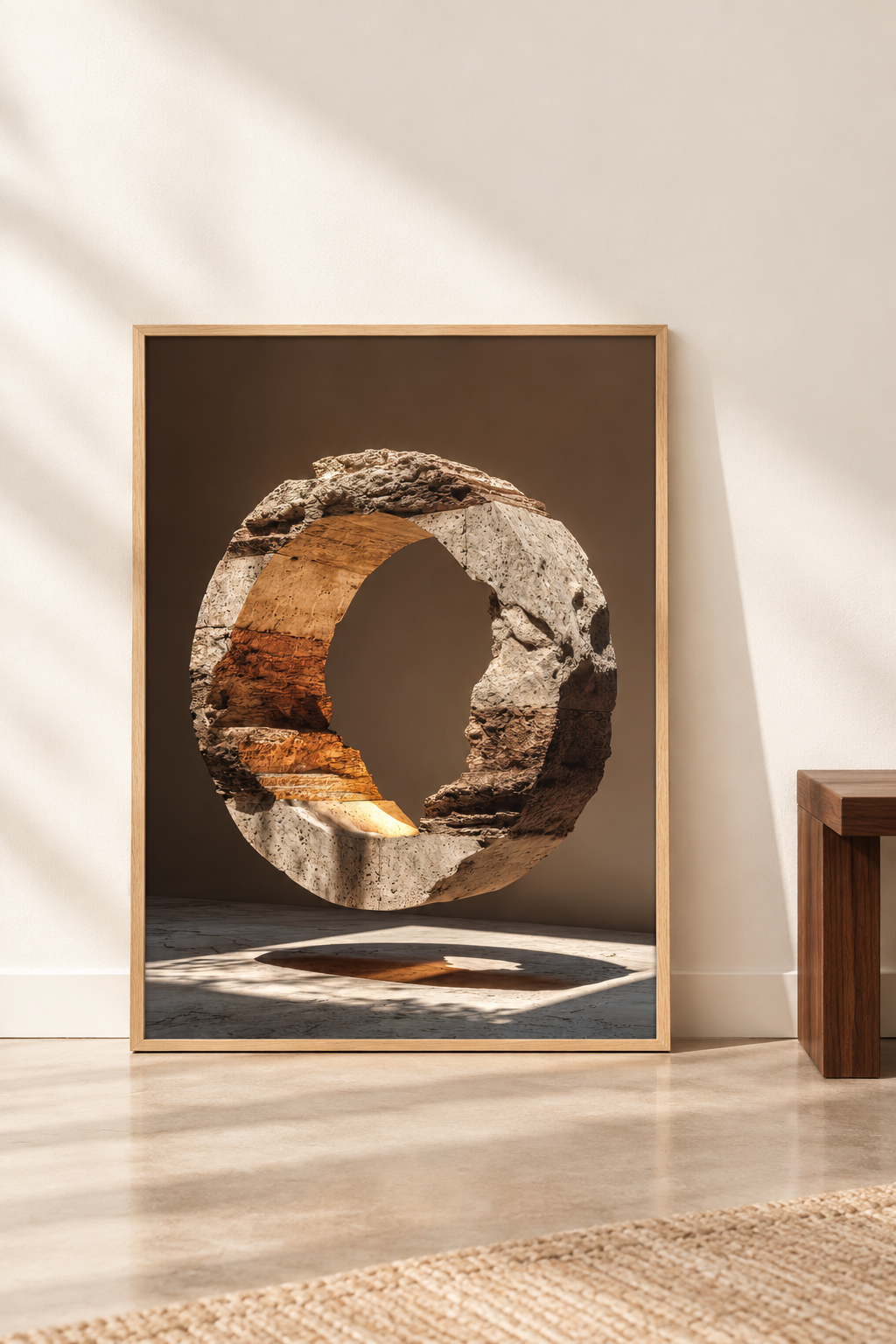 Poster De Stenen Halo op de vloer, tegen een muur geleund
