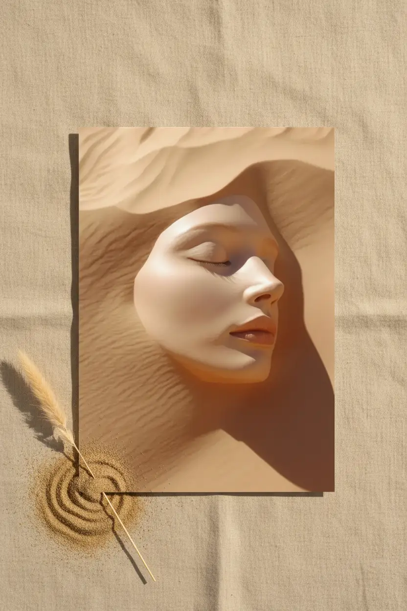 L'Enfant du Désert — Affiche murale minimaliste sable ivoire visage féminin dune abstrait — affiche murale minimaliste | Cassili-home