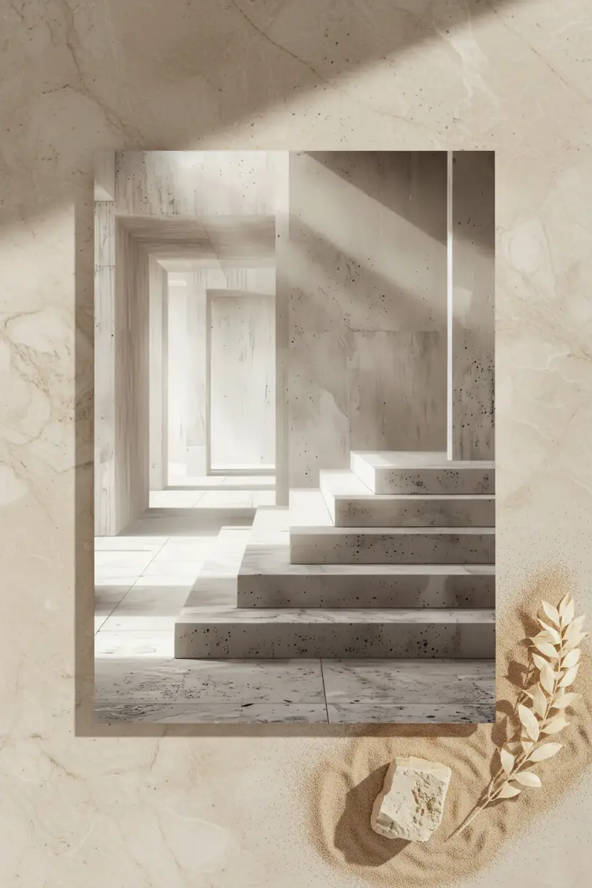 Le Couloir des Niches — Affiche murale minimaliste travertin perspective architecture lumière, affiche murale minimaliste avec cadre bois, décoration murale salon ou chambre, style méditerranéen