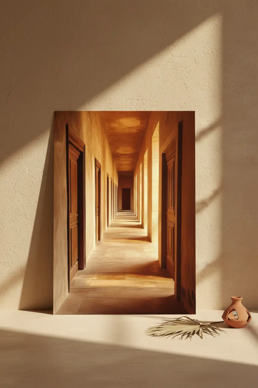 Le Couloir — Affiche murale minimaliste terracotta sable portes bois perspective — affiche murale minimaliste | Cassili-home