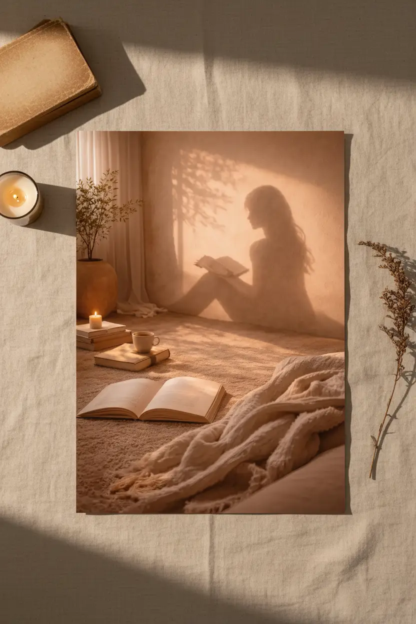 La Liseuse — Affiche murale minimaliste silhouette féminine lumière dorée, affiche murale minimaliste avec cadre bois, décoration murale salon ou chambre, style méditerranéen