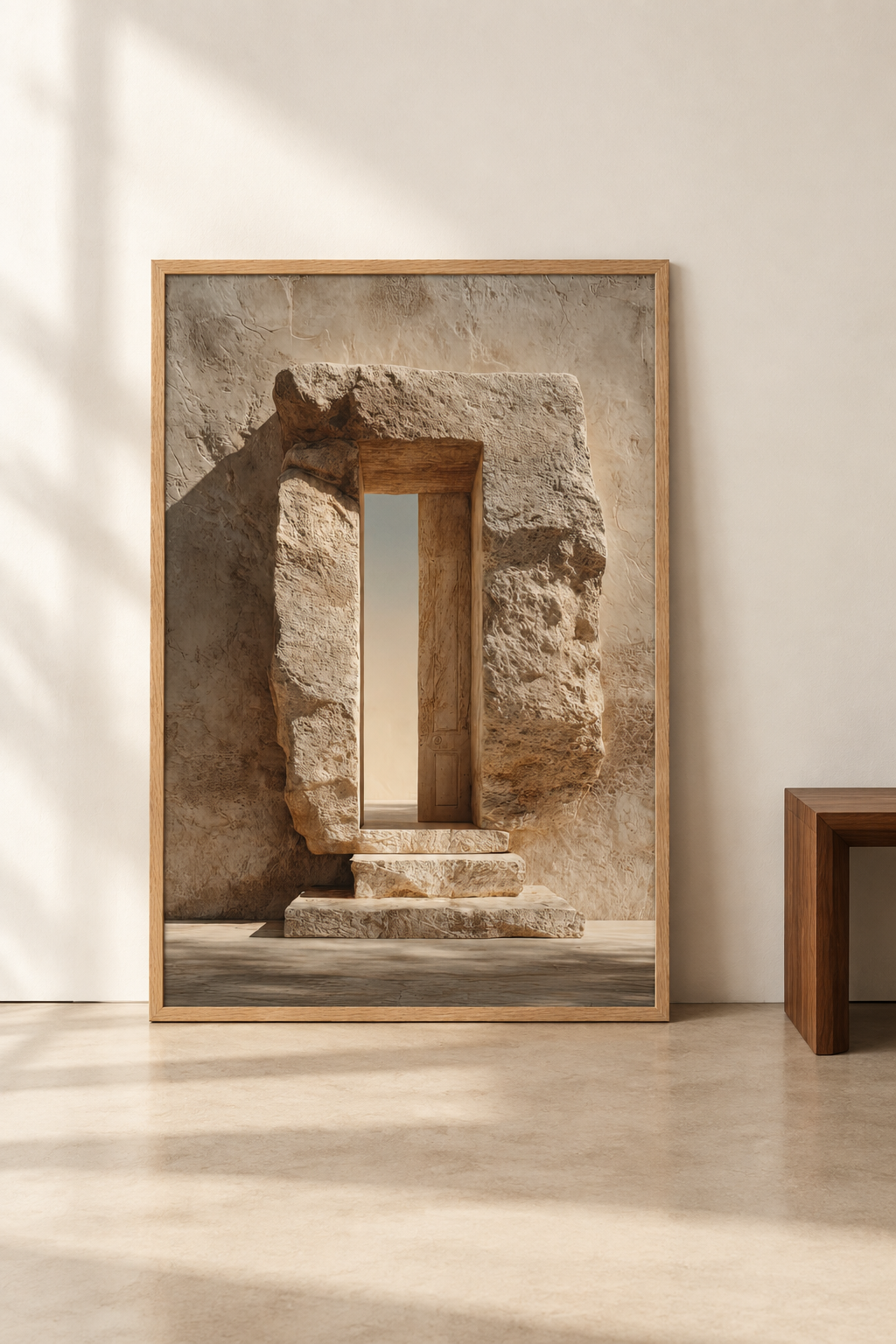 Poster The Hewn Passage resting on the floor against a wall