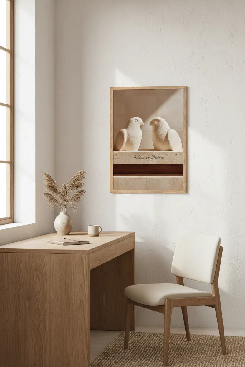 Les Tourterelles — Affiche murale personnalisable pierre méditerranéenne, affiche murale minimaliste avec cadre bois, décoration murale salon ou chambre, style méditerranéen