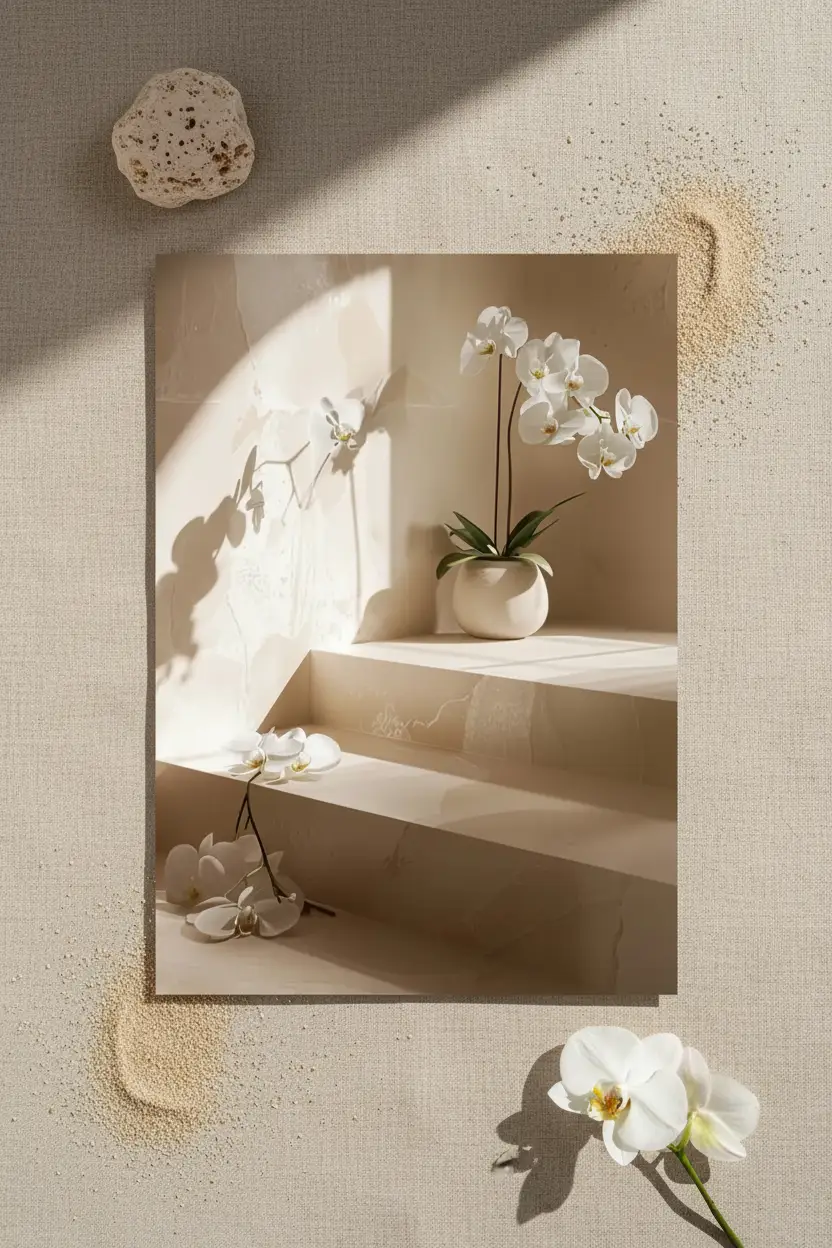 The Orchid Staircase — Minimalist travertine orchid wall poster