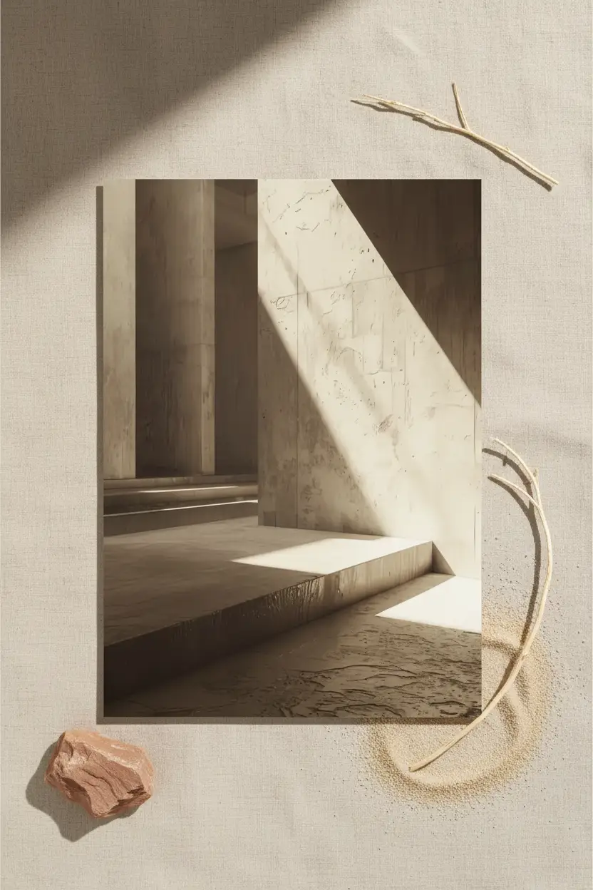 Le Temple de Sable — Affiche murale minimaliste colonnes pierre antique lumière sépia architecture, affiche murale minimaliste avec cadre bois, décoration murale salon ou chambre, style méditerranéen