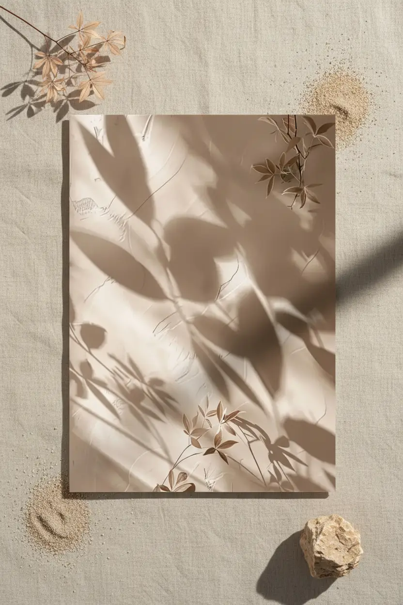 De Schaduwen van de Nandina — Minimalistische wandposter zand goud schaduwen