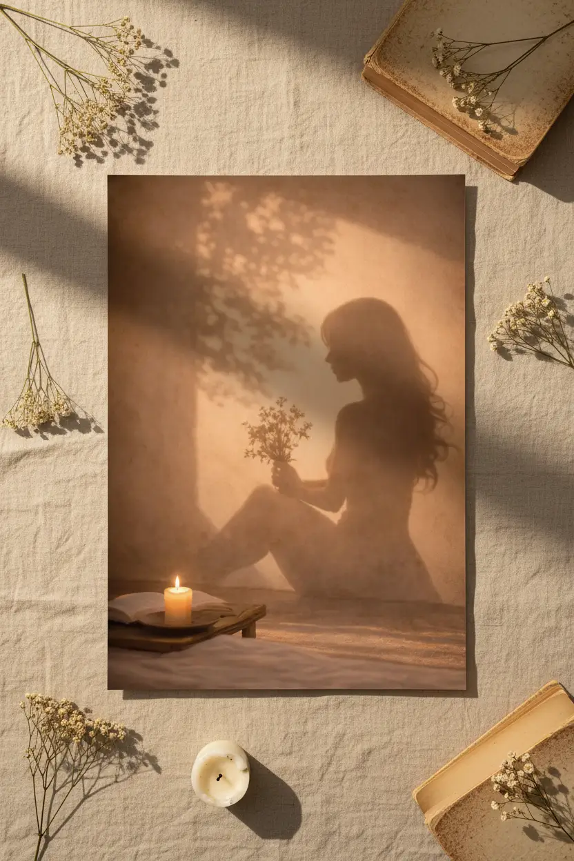 L’Offrande — Affiche murale minimaliste silhouette féminine lumière dorée, affiche murale minimaliste avec cadre bois, décoration murale salon ou chambre, style méditerranéen