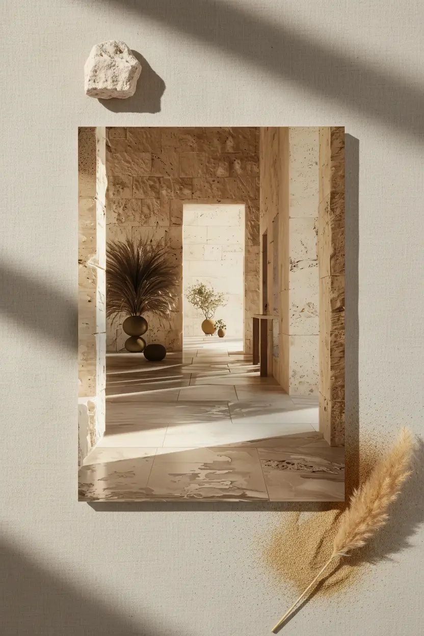 El Pasillo de los Jarrones — Póster de pared minimalista oro caliza pampa