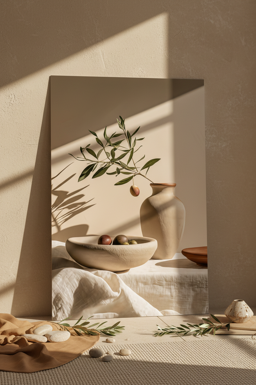 Affiche La Table aux Olives posée au sol contre un mur de plâtre, galets et lin — bol d'olives, lin froissé et vase de terre cuite