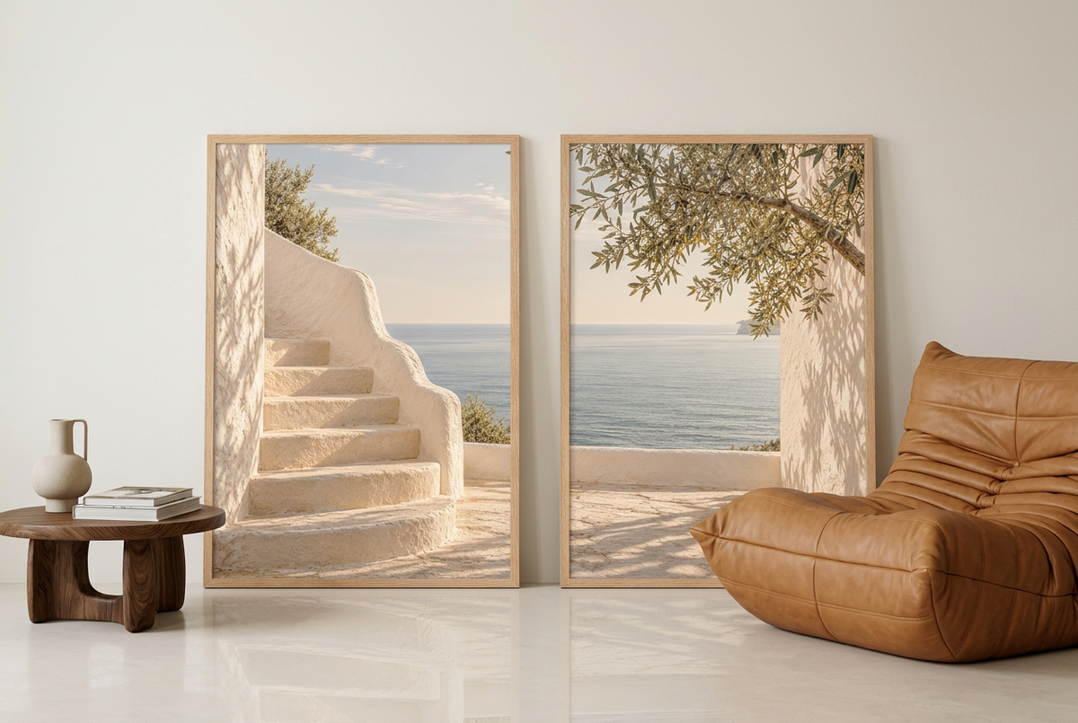 The Terrace by the Sea — wall diptych in oak frames leaning against the wall