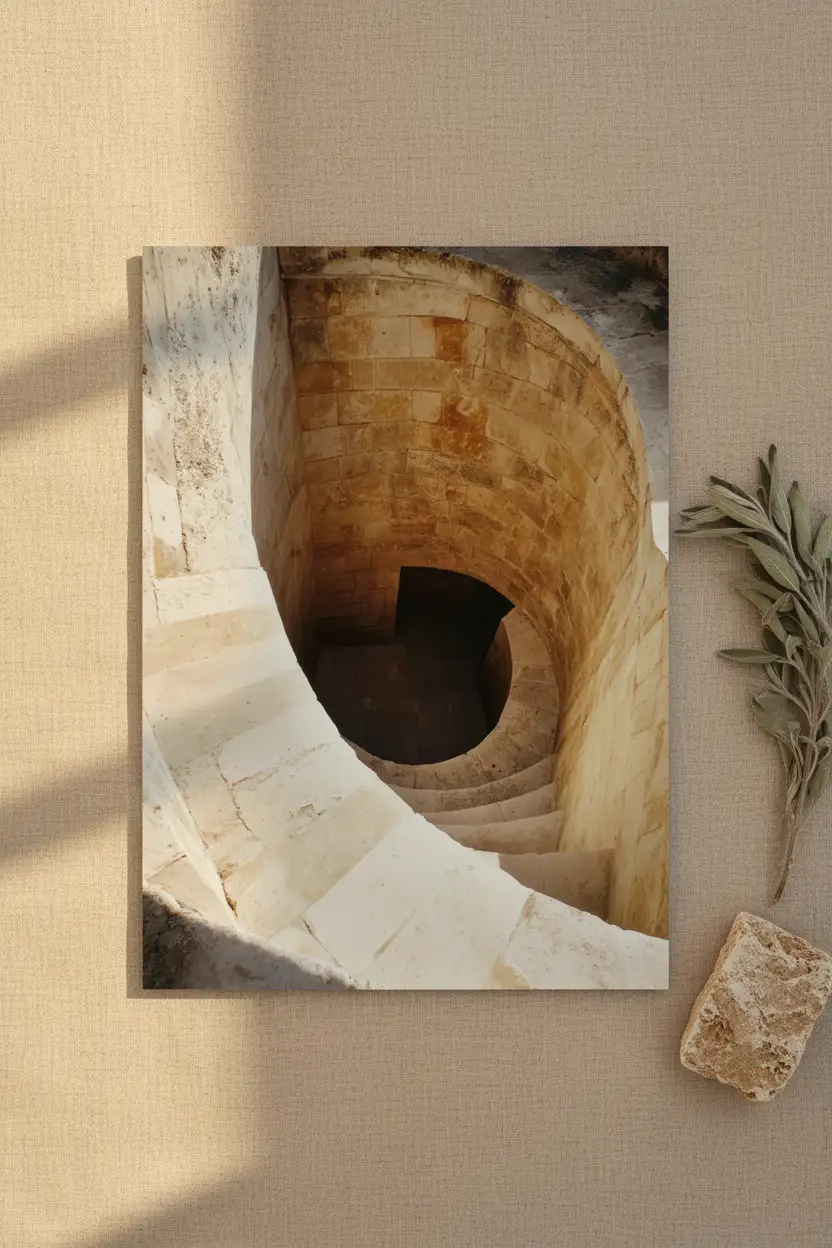 La Descente — Affiche murale minimaliste ivoire sable escalier spiral pierre vertigineux — affiche murale minimaliste | Cassili-home