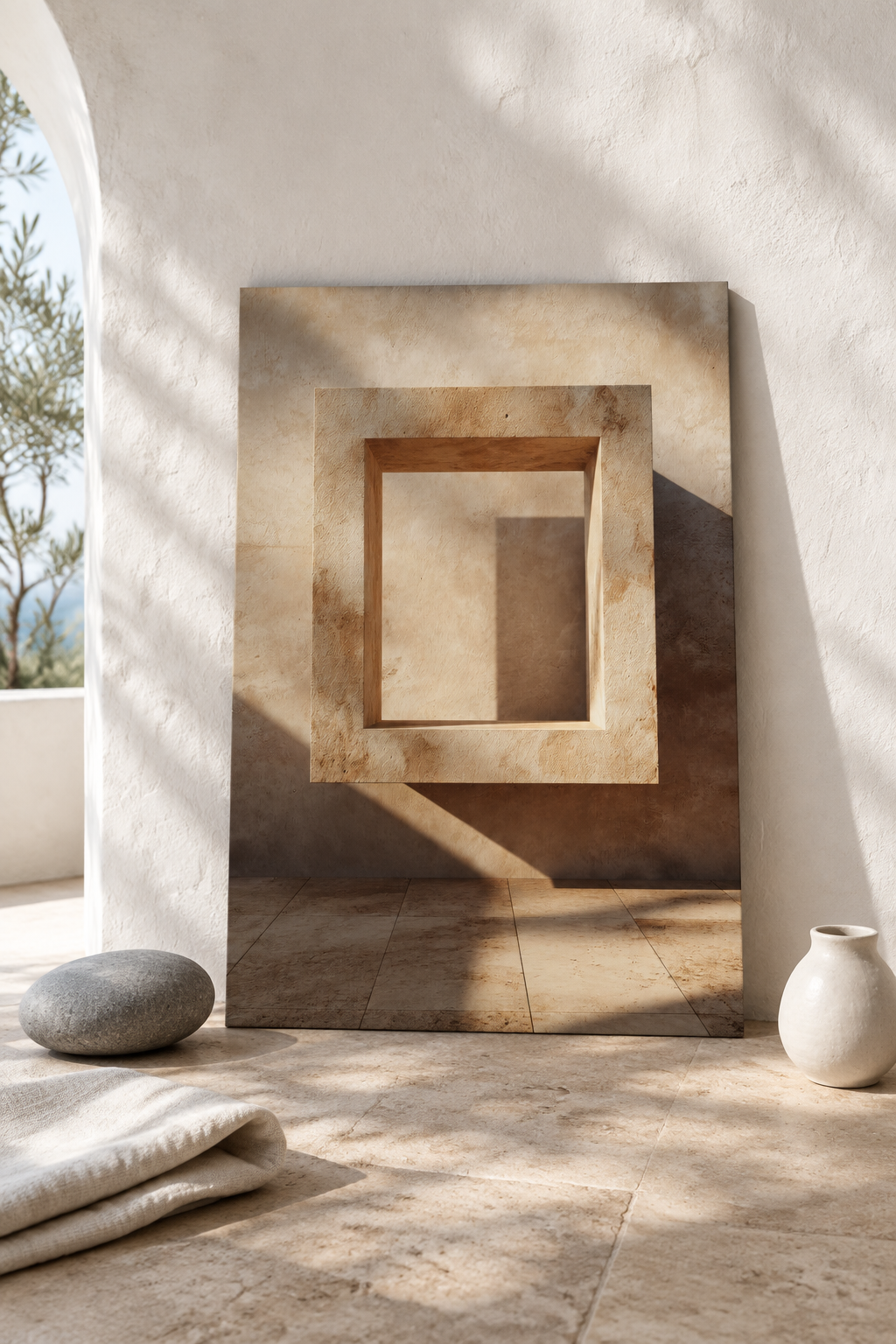 Poster The Square Doorframe — square stone frame and its cast shadow, in large format, leaning against a wall