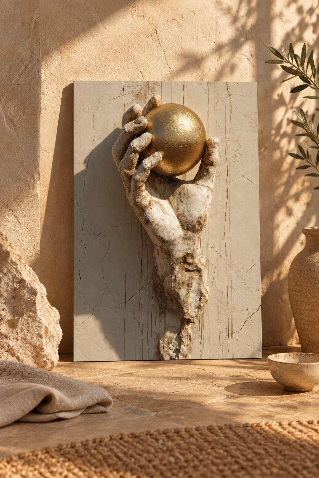 Poster The Held Orb — golden orb held by a hand of stone, in large format, leaning against a wall