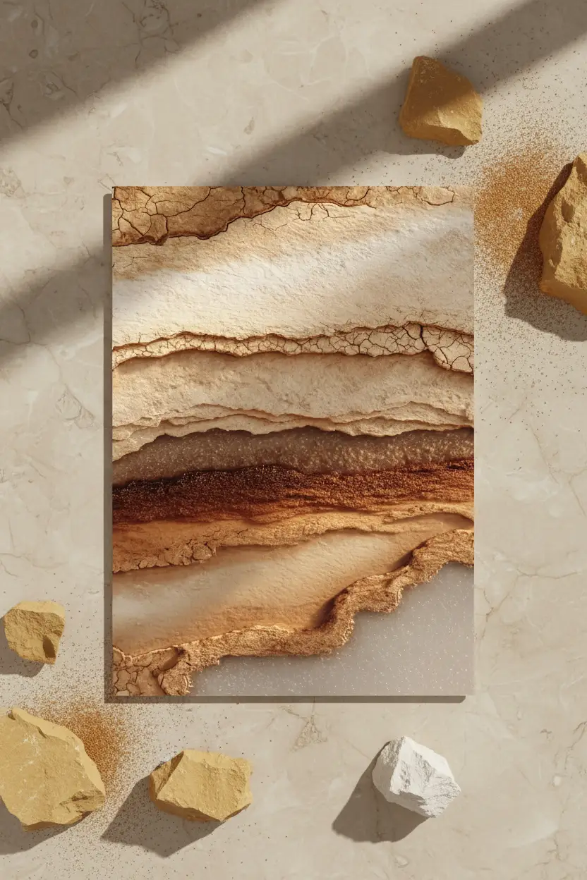 Les Strates de l’Ocre — Affiche murale minimaliste macro strates sédimentaires grès ocre brun lumière rasante minéral, affiche murale minimaliste avec cadre bois, décoration murale salon ou chambre, style méditerranéen