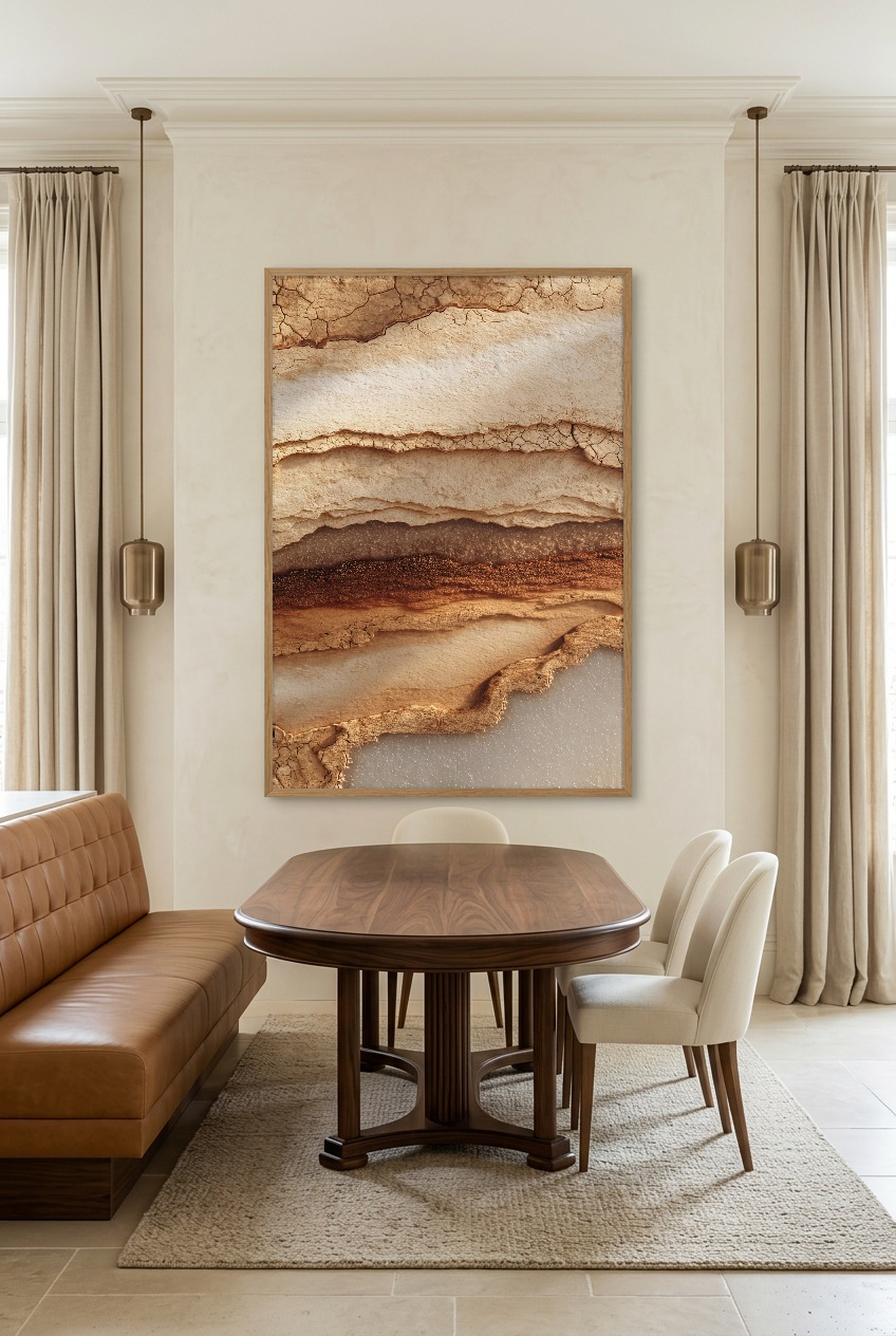 Les Strates de l’Ocre — poster in an oak frame in a dining room