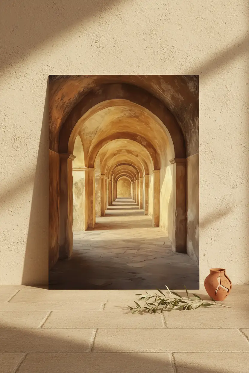 L’Arcade — Affiche murale minimaliste sable ocre arches romaines perspective — affiche murale minimaliste | Cassili-home
