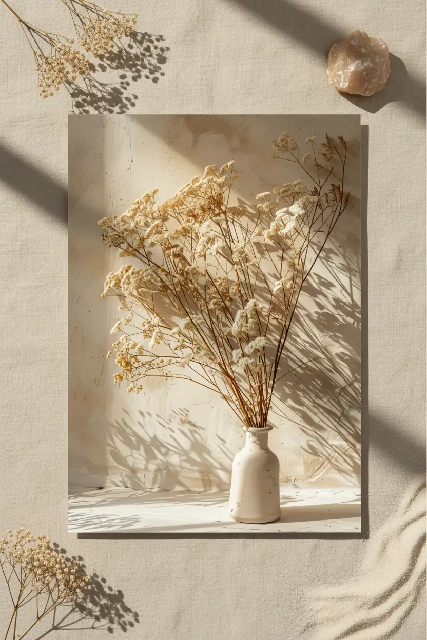 Le Bouquet d’Ivoire — Affiche murale minimaliste fleurs séchées ivoire vase céramique végétal, affiche murale minimaliste avec cadre bois, décoration murale salon ou chambre, style méditerranéen