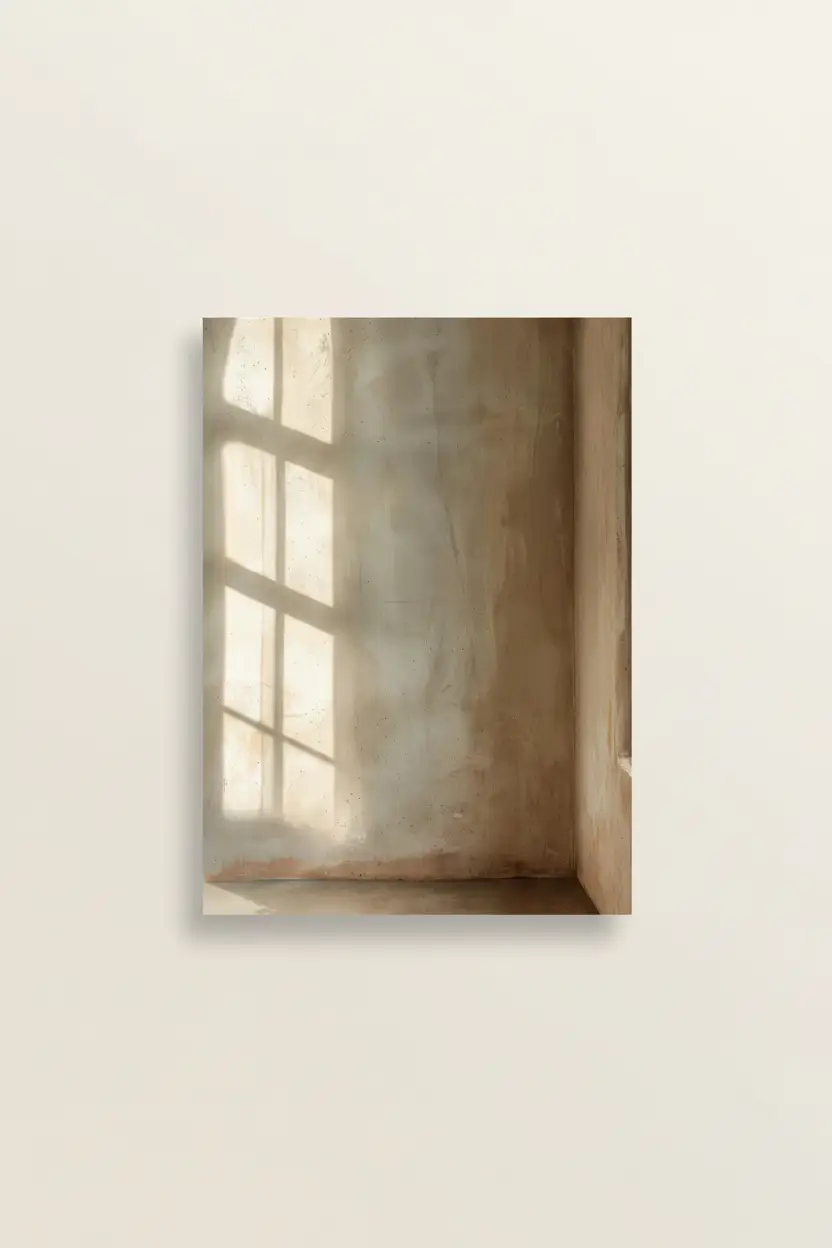 Le Coin de Lumière — Affiche murale minimaliste angle pièce ombre fenêtre béton ciré, affiche murale minimaliste avec cadre bois, décoration murale salon ou chambre, style méditerranéen