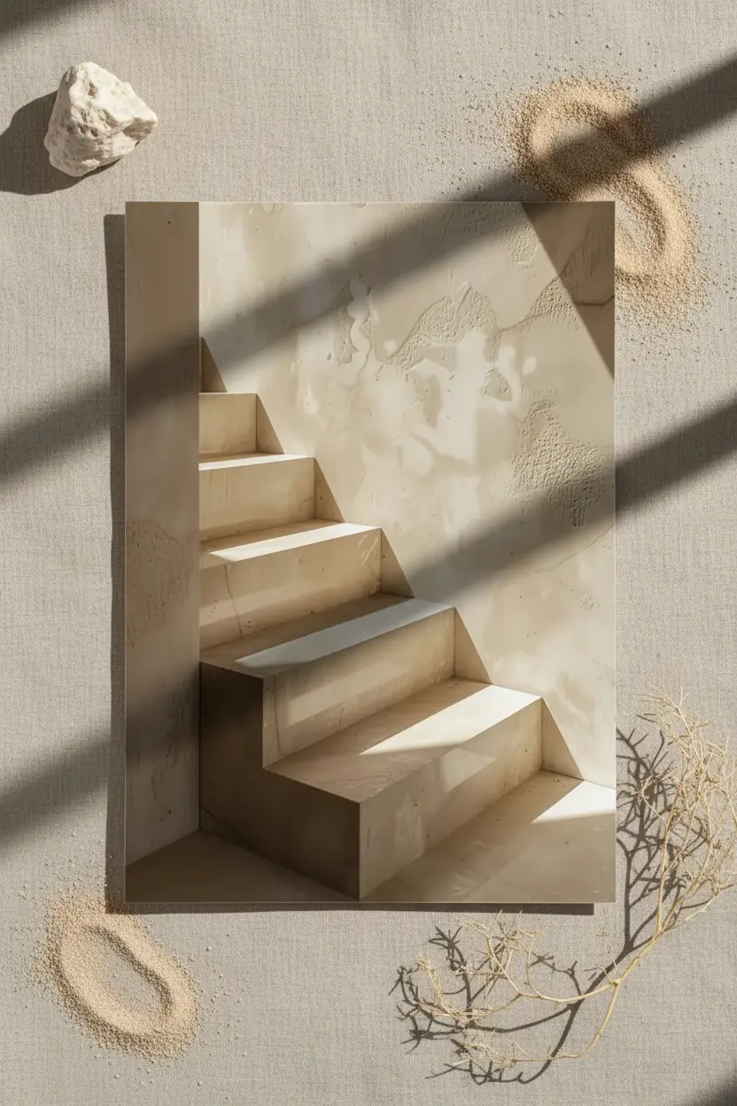 L’Escalier de Nacre — Affiche murale minimaliste escalier tadelakt ivoire lumière architecture, affiche murale minimaliste avec cadre bois, décoration murale salon ou chambre, style méditerranéen