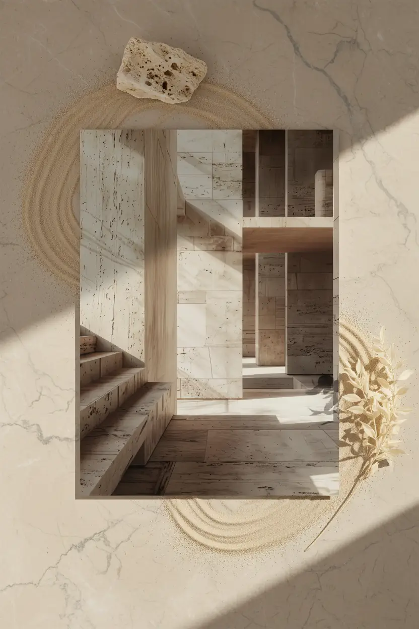 La Galerie de Pierre — Affiche murale minimaliste travertin piliers galerie escalier architecture, affiche murale minimaliste avec cadre bois, décoration murale salon ou chambre, style méditerranéen