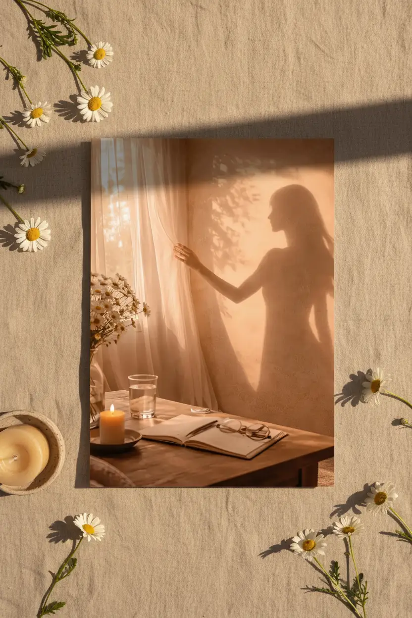 La Main sur le Voile — Affiche murale minimaliste silhouette féminine lumière dorée, affiche murale minimaliste avec cadre bois, décoration murale salon ou chambre, style méditerranéen