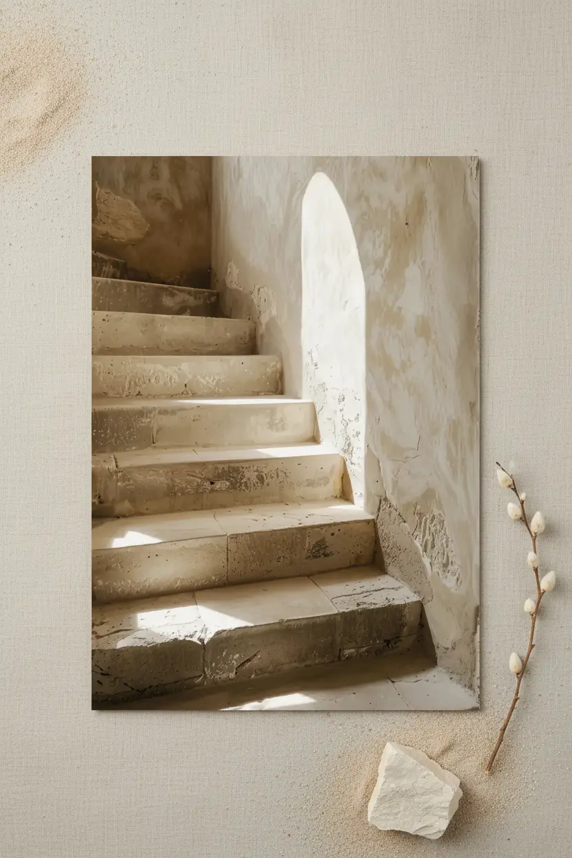 L’Arche de Pierre — Affiche murale minimaliste escalier pierre brute arche lumière architecture, affiche murale minimaliste avec cadre bois, décoration murale salon ou chambre, style méditerranéen