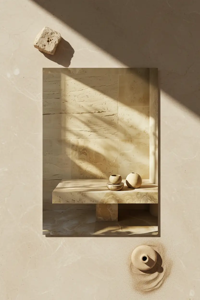 Le Banc de Pierre — Affiche murale minimaliste banc travertin céramiques sable lumière minéral, affiche murale minimaliste avec cadre bois, décoration murale salon ou chambre, style méditerranéen