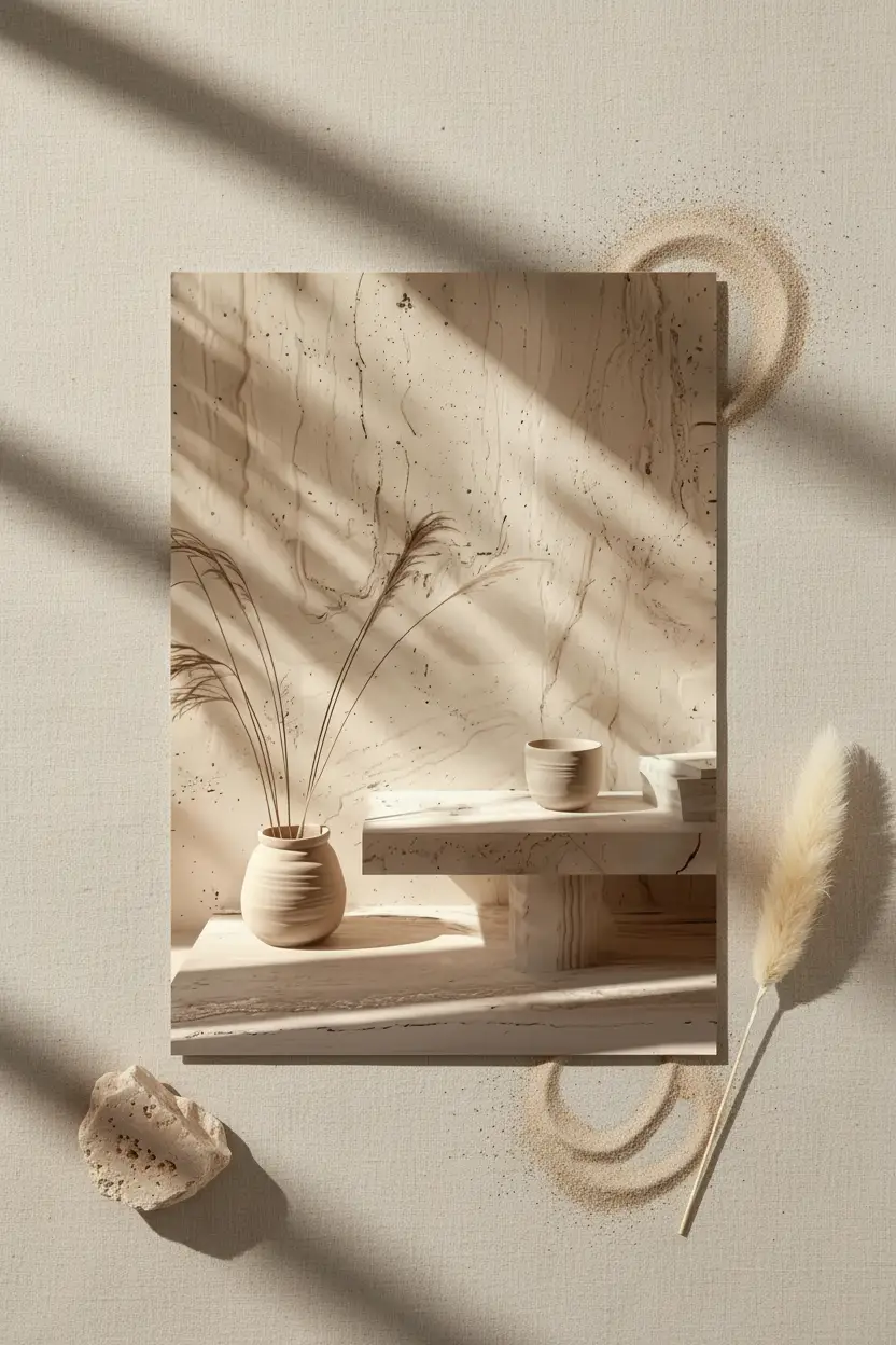 Le Vase et le Pampa — Affiche murale minimaliste céramique travertin pampa graphique minéral, affiche murale minimaliste avec cadre bois, décoration murale salon ou chambre, style méditerranéen