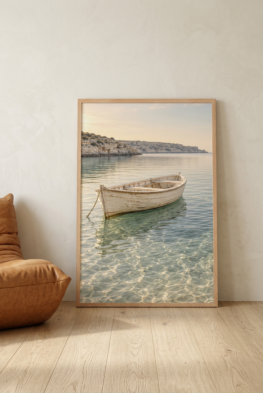 The White Boat — poster in an oak frame leaning against the wall