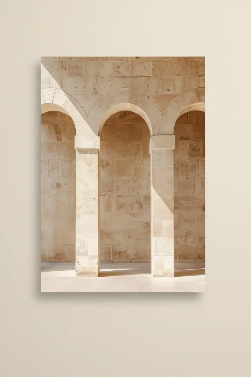 Les Trois Arches — Affiche murale minimaliste arches romanes pierre calcaire beige, affiche murale minimaliste avec cadre bois, décoration murale salon ou chambre, style méditerranéen