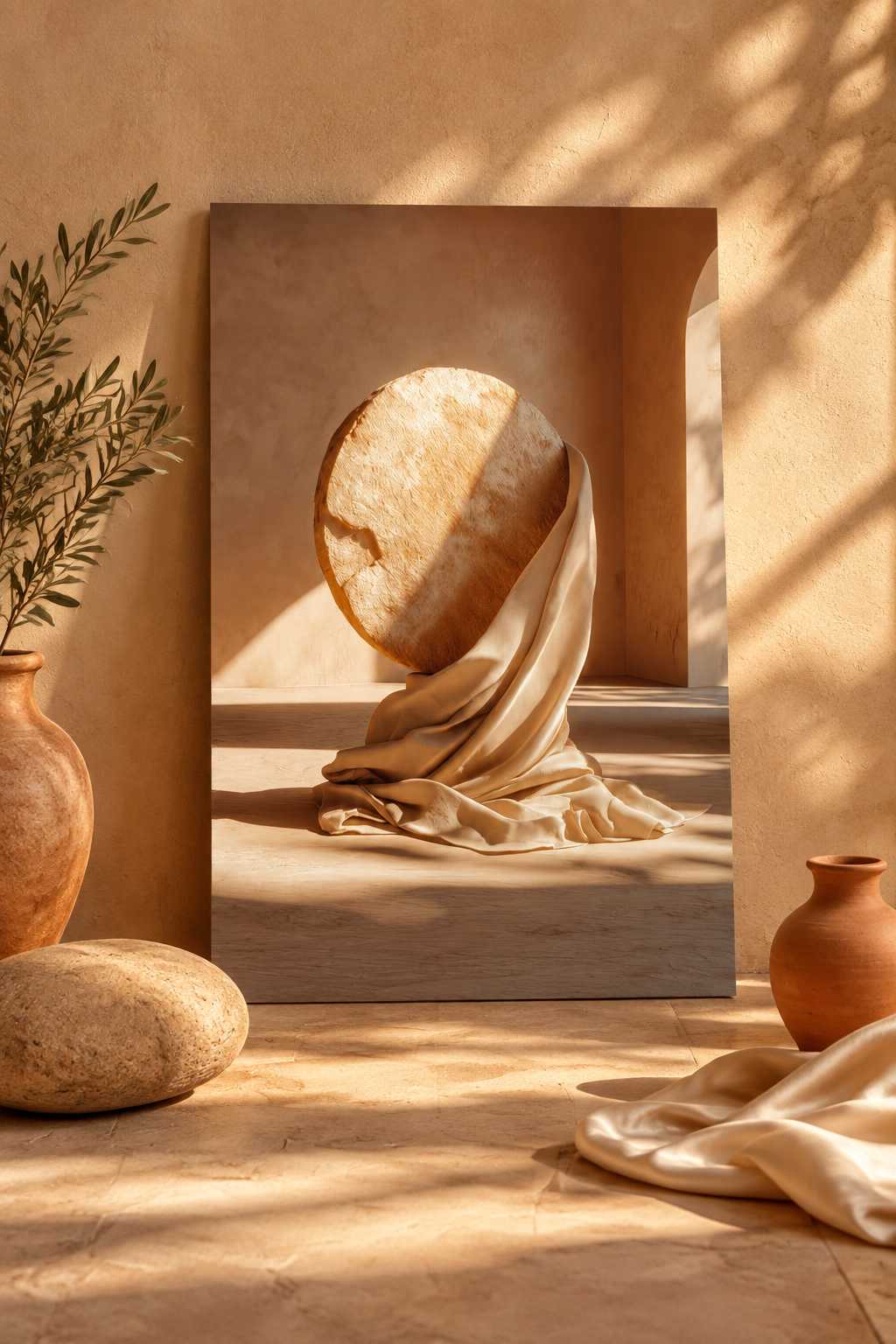 Poster The Wrapped Sphere — veined stone sphere resting on drapery, in large format, leaning against a wall