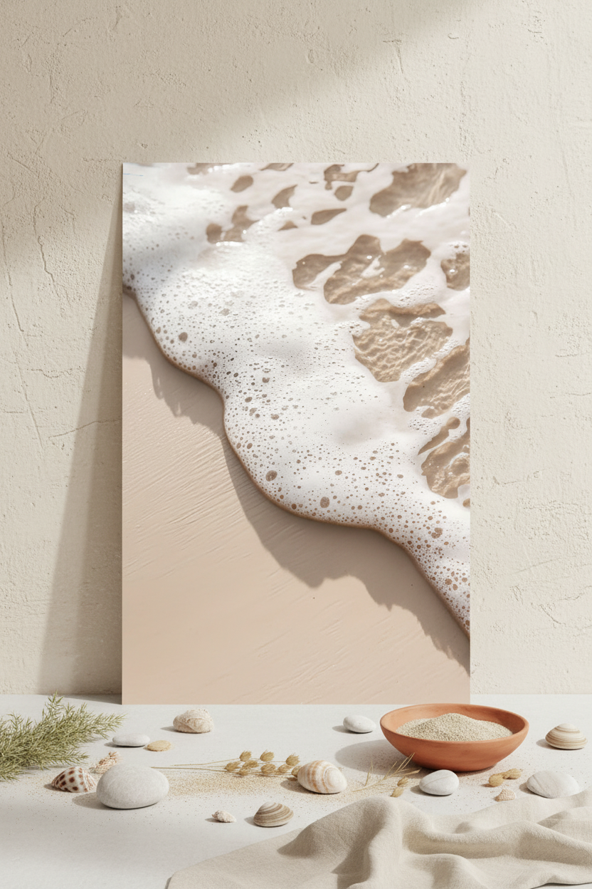 The Wave’s Edge poster resting on the floor against a cream wall — sea foam on ivory sand