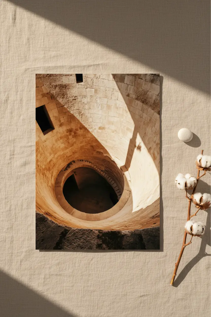 Le Puits — Affiche murale minimaliste ivoire sable puits pierre spirale vertigineuse — affiche murale minimaliste | Cassili-home
