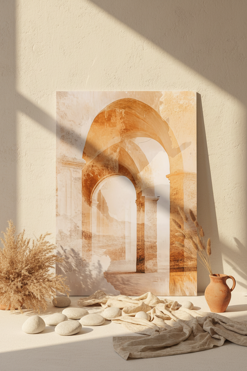 The Golden Arches poster resting on the floor against a cream wall — Romanesque arches in a row, gold watercolor