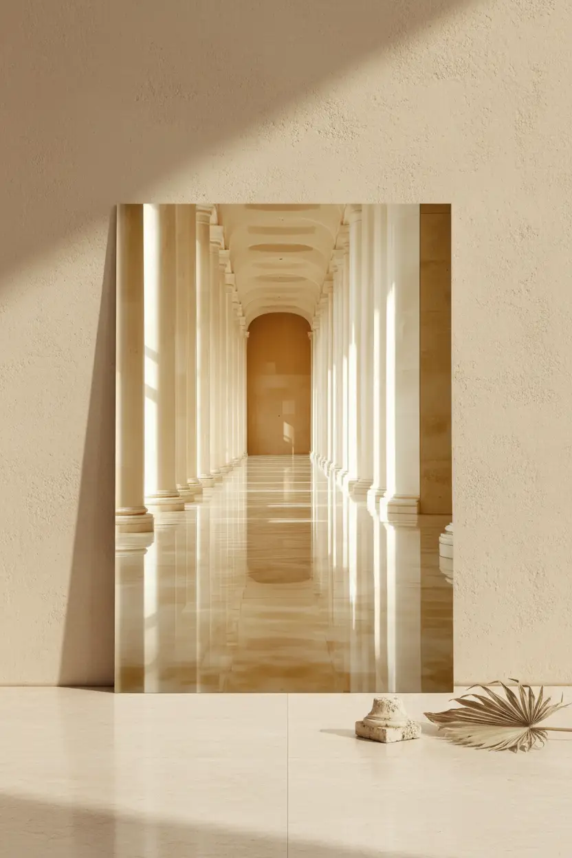 La Galerie — Affiche murale minimaliste ivoire sable colonnes dorées perspective — affiche murale minimaliste | Cassili-home