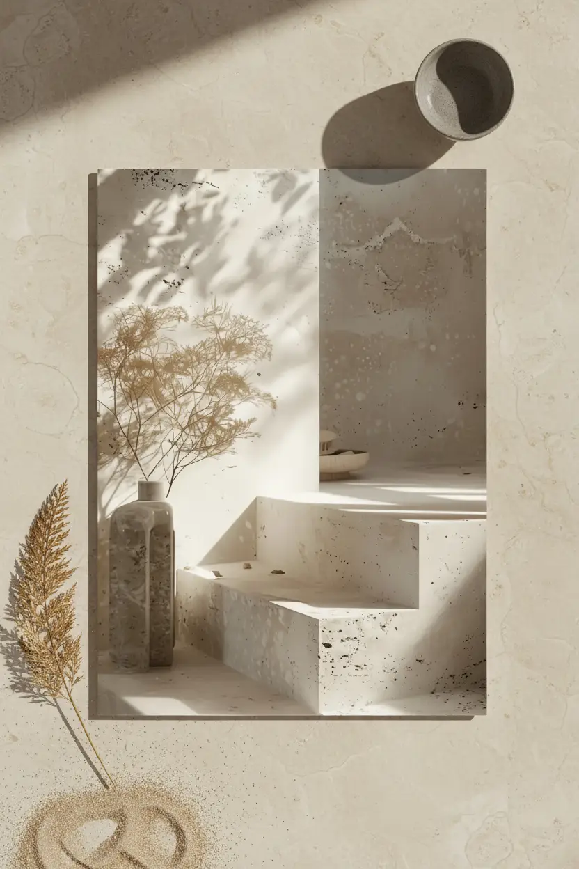 Le Vase et l’Escalier — Affiche murale minimaliste travertin sable architecture méditerranéenne, affiche murale minimaliste avec cadre bois, décoration murale salon ou chambre, style méditerranéen