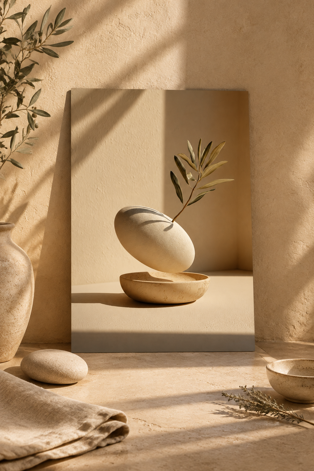 Poster The Hollow and the Branch — hollowed pebble holding a sprig, in large format, leaning against a wall