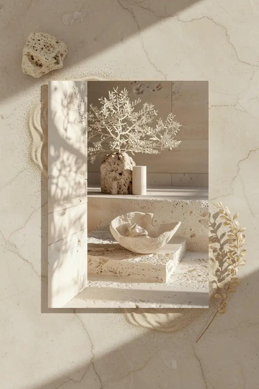 Der Weiße Altar – Minimalistisches Wandbild aus Elfenbein mit Korallenbaum