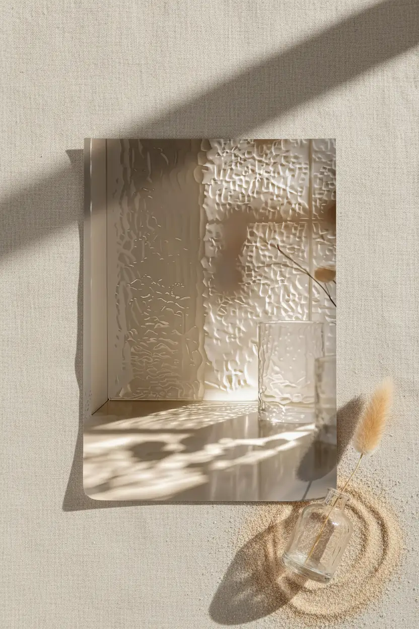 Le Verre Cathédrale — Affiche murale minimaliste ivoire reflets aquatiques lumière, affiche murale minimaliste avec cadre bois, décoration murale salon ou chambre, style méditerranéen