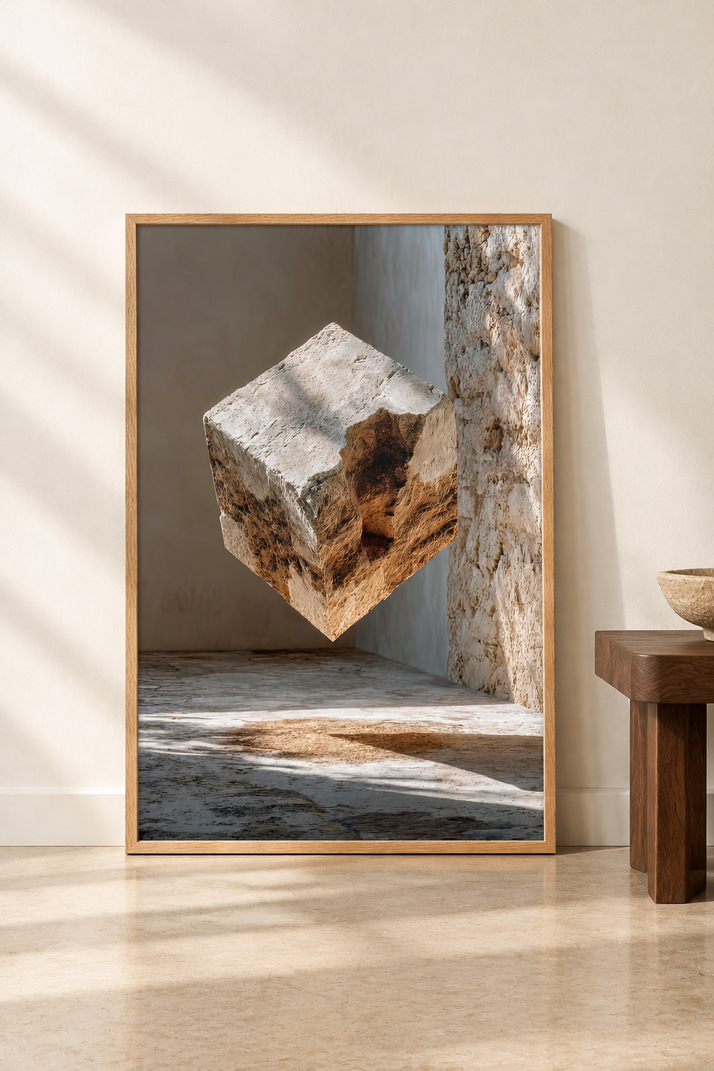 Poster Il Cubo di Travertino a terra, appoggiato a una parete