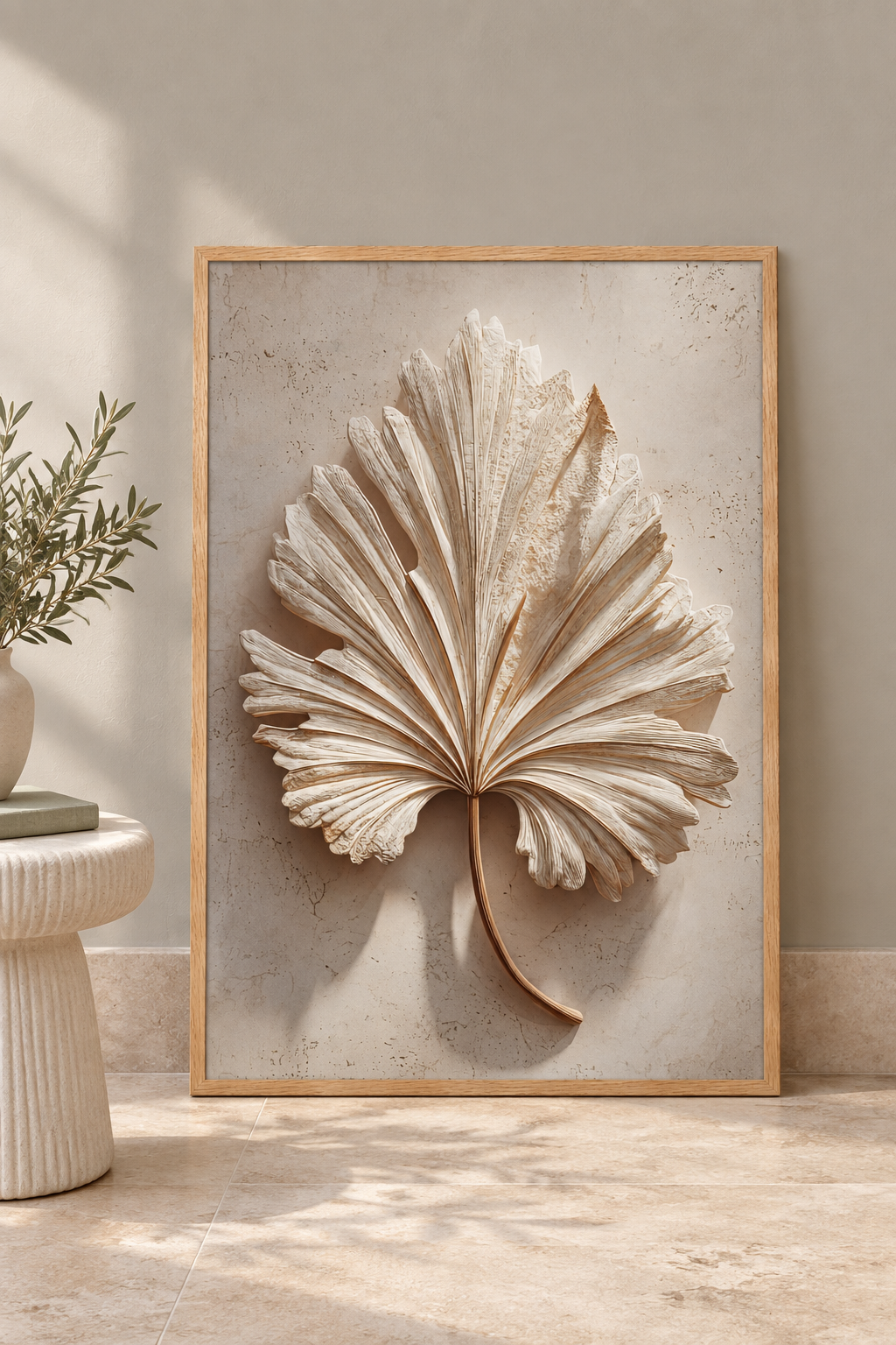 Poster The Palm in Relief resting on the floor against a wall