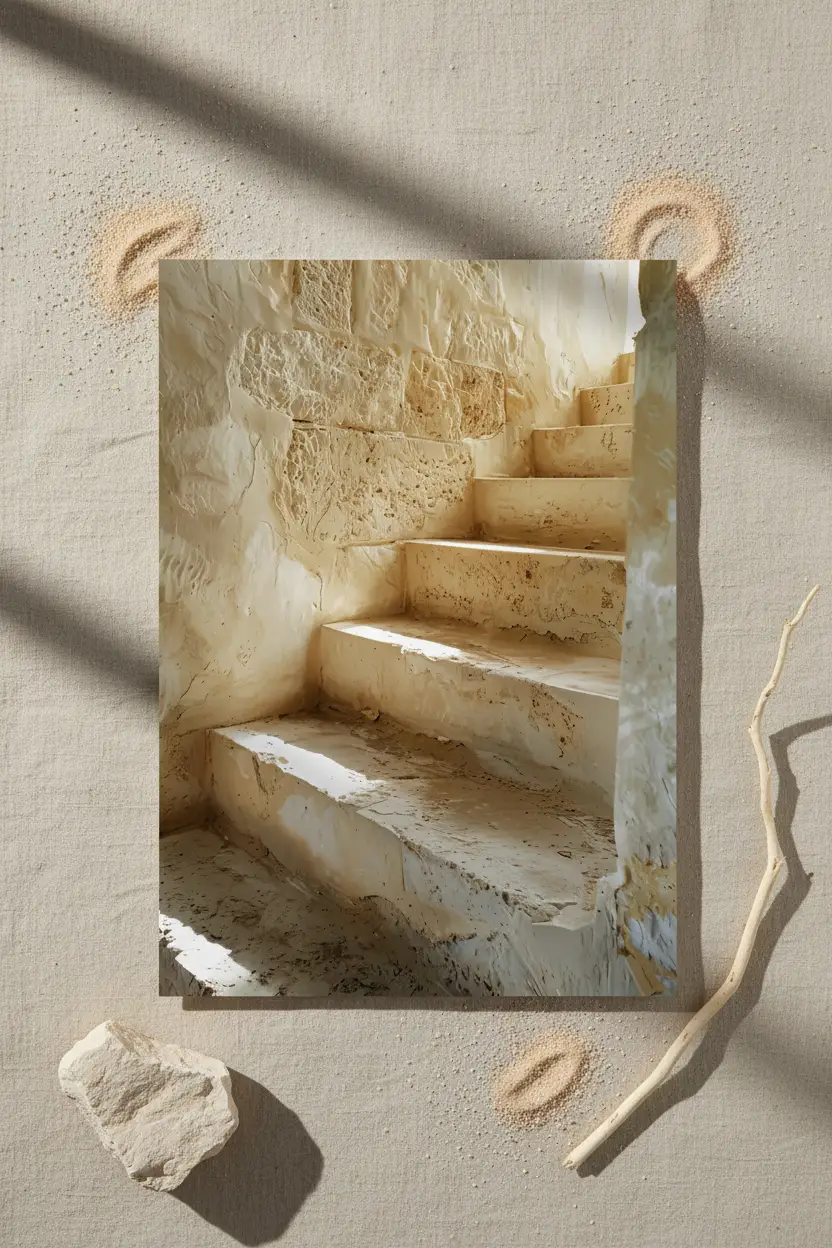 Les Marches de Pierre — Affiche murale minimaliste escalier calcaire brut texture érosion architecture, affiche murale minimaliste avec cadre bois, décoration murale salon ou chambre, style méditerranéen