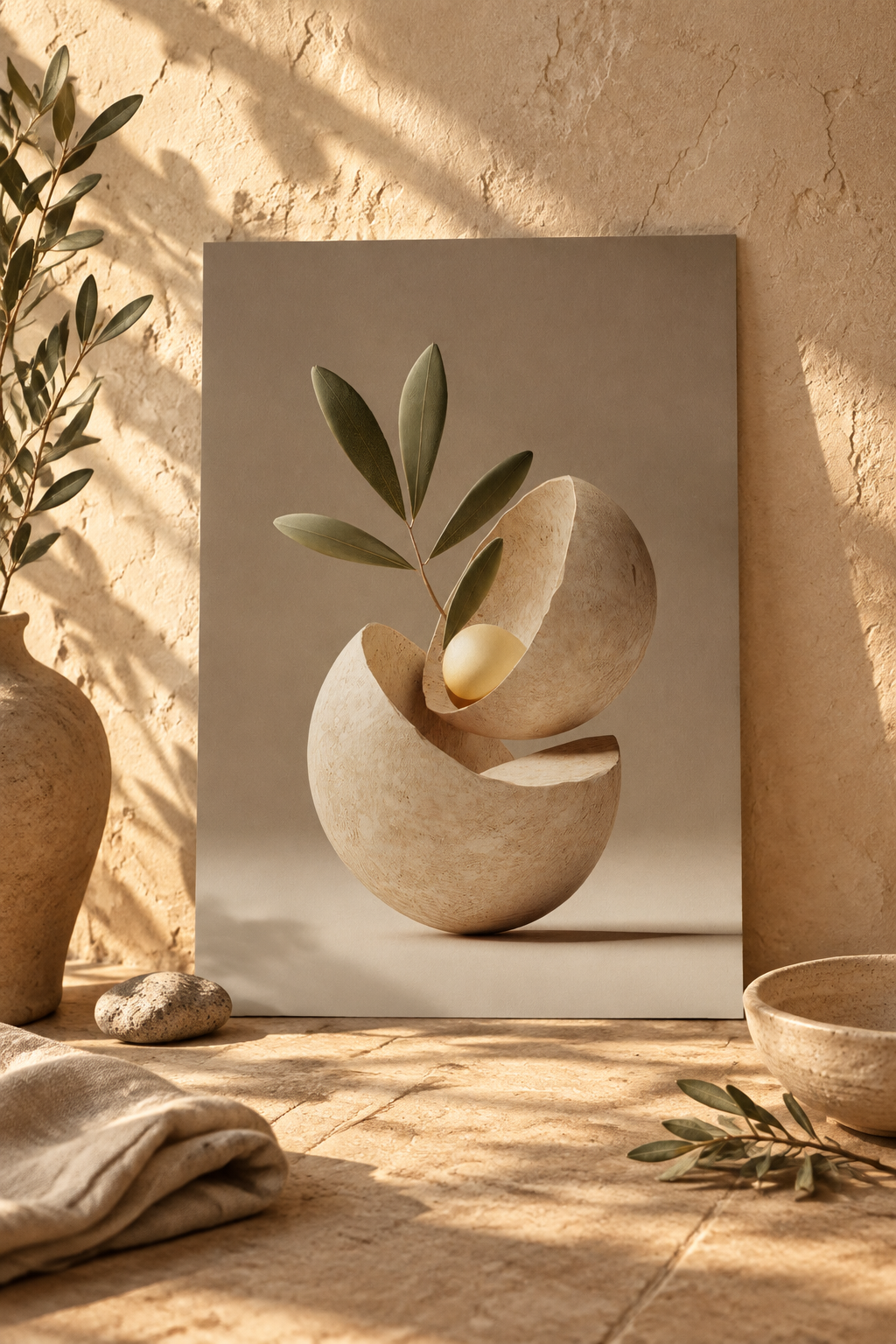 Poster The Opened Seed — opened stone seed with a single leaf, in large format, leaning against a wall