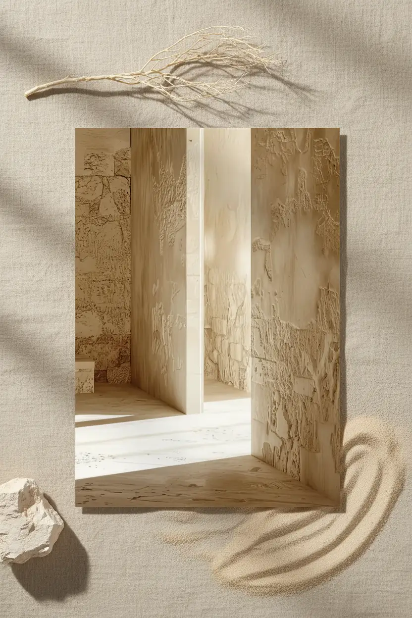 La Fente de Lumière — Affiche murale minimaliste pierre calcaire brute fente lumière architecture, affiche murale minimaliste avec cadre bois, décoration murale salon ou chambre, style méditerranéen