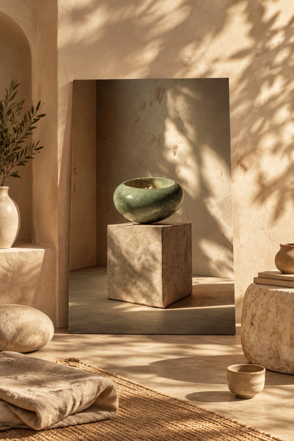 Poster La Giada e il Cubo — ciottolo verde giada in equilibrio su un cubo di pietra, in grande formato, appoggiato a una parete