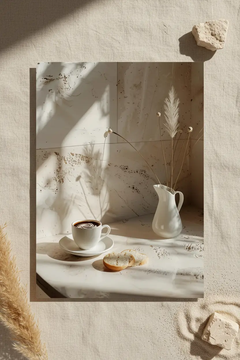 Le Matin Travertin — Affiche murale minimaliste travertin café herbe pampa céramique ivoire, affiche murale minimaliste avec cadre bois, décoration murale salon ou chambre, style méditerranéen