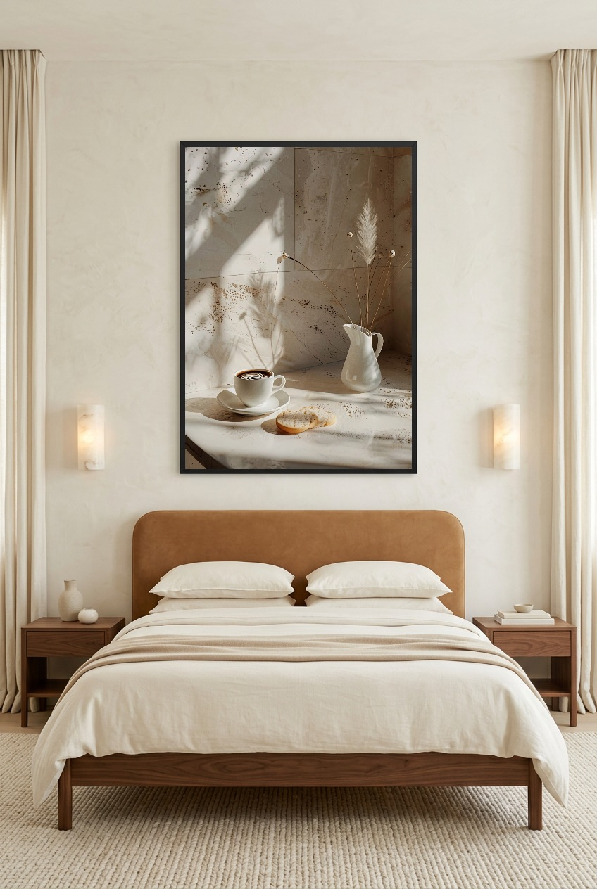 Le Matin Travertin — poster in a black frame in a bedroom