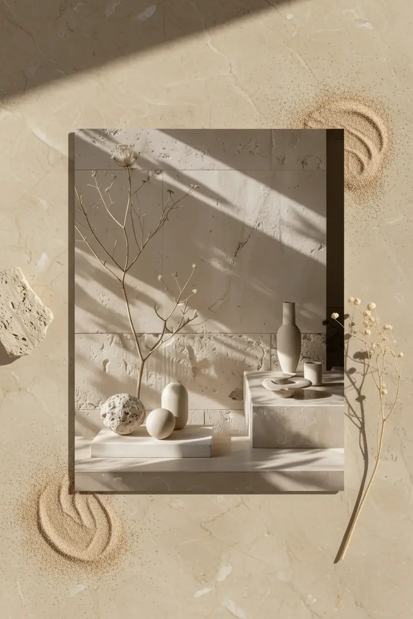 La Composition du Soir — Affiche murale minimaliste travertin sphères céramiques végétal minéral, affiche murale minimaliste avec cadre bois, décoration murale salon ou chambre, style méditerranéen