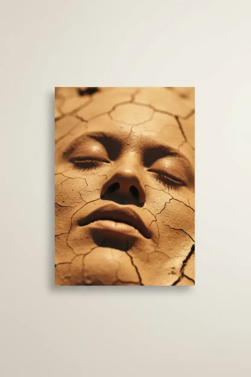 Die Erde und das Gesicht – Minimalistisches Wandbild in Goldocker mit Gesicht