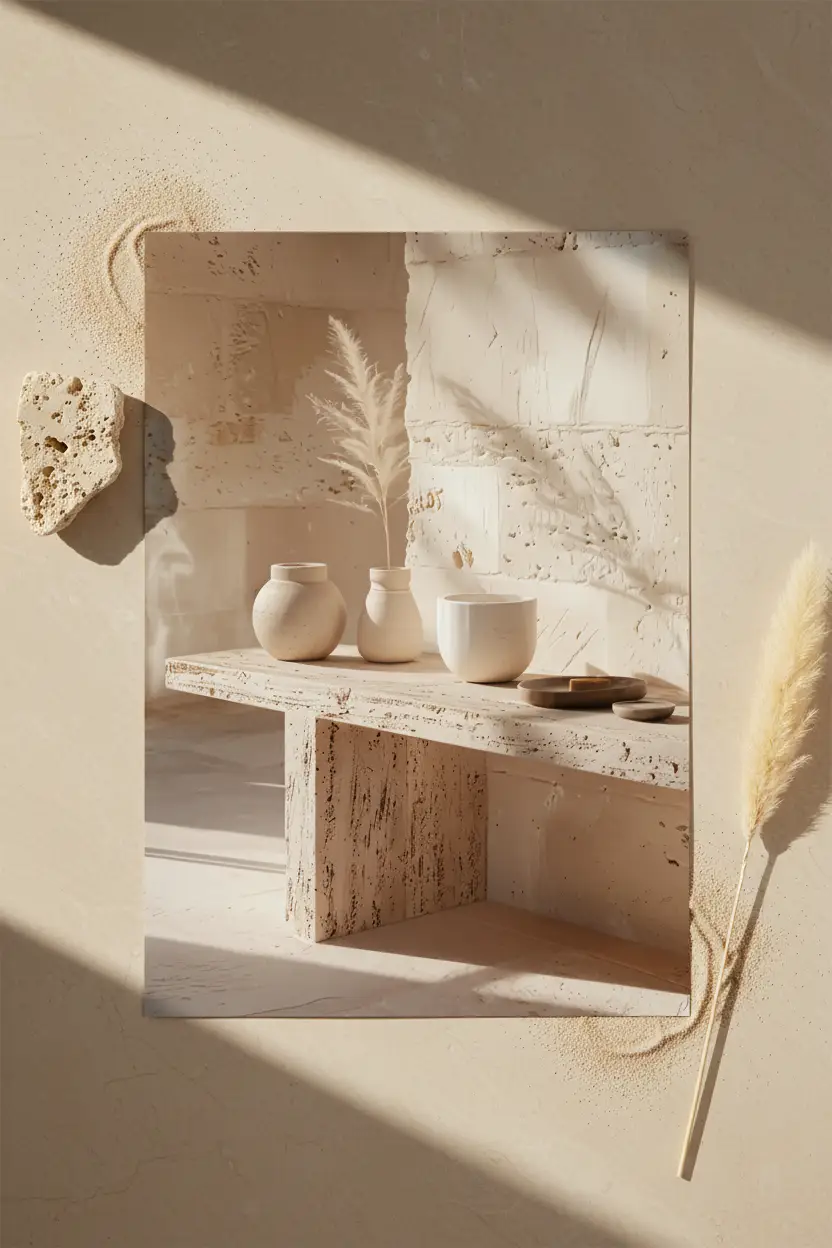 La Table de Travertin — Affiche murale minimaliste table sculpturale travertin pampa céramiques minéral, affiche murale minimaliste avec cadre bois, décoration murale salon ou chambre, style méditerranéen